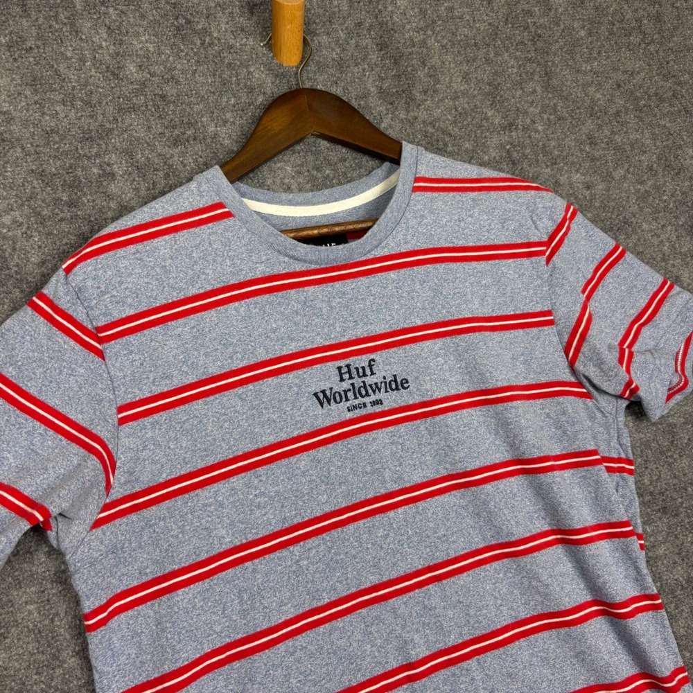 Huf Worldwide Mens Large Striped T-Shirt Blue Red Heathered Cotton Crewneck L